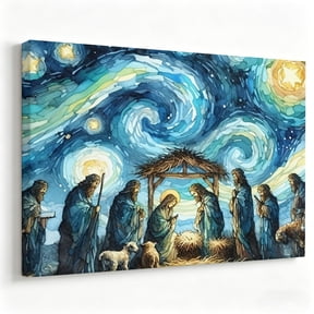 Starry Night Nativity Scene Canvas Wall Art Christmas Manger Portrait Abstract Christian Poster Living Room Church Decor Print Ready to Hang 8*12