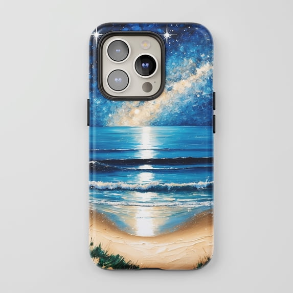 Starry Night Ocean Beach For All iPhone Series Protective Phone Case Oil Painting Art Blue Multi-Color