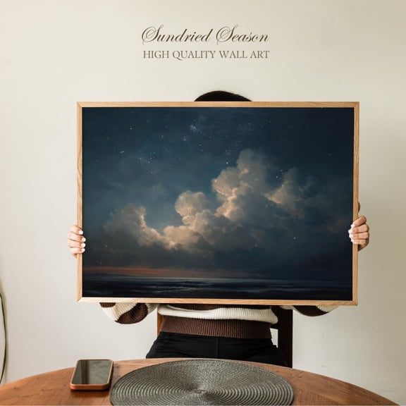 Starry Night Ocean Sky Glowing Clouds Twilight Sea Peaceful Celestial, Unframed Paper Poster 8x10in