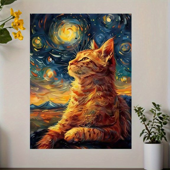 Starry Night Orange Tabby Cat Canvas Wall Art, Van Gogh Inspired Cat Starry Sky Painting Poster, Whimsical Pet Art Decor