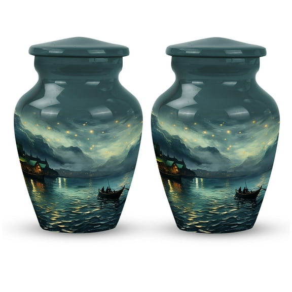 Starry Night Over The Mountain Village - Miniature Urn - Adult Urns For Human Ashes Men - Burial Urns For Ashes (Size-3inch,2pcs)