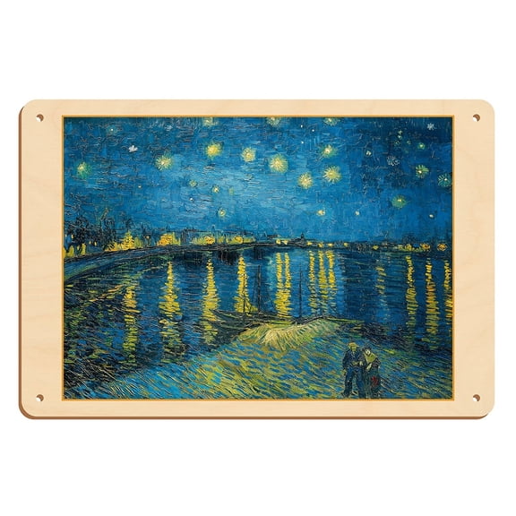 Starry Night Over the Rhone - From an Original Color Painting by Vincent van Gogh c.1888 - 8 x 12 inch Vintage Wood Art Sign