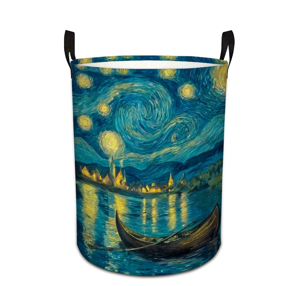 Starry Night_ Print Laundry Basket & Storage Bin - Foldable Large Capacity Round Hamper for Bedroom, Laundry Room, Dorm