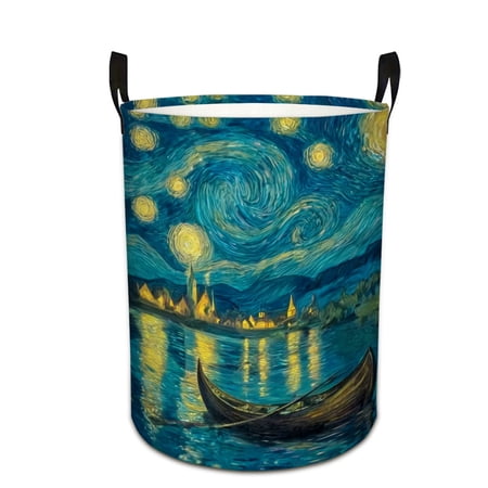 Starry Night_ Print Laundry Basket & Storage Bin - Foldable Large Capacity Round Hamper for Bedroom, Laundry Room, Dorm