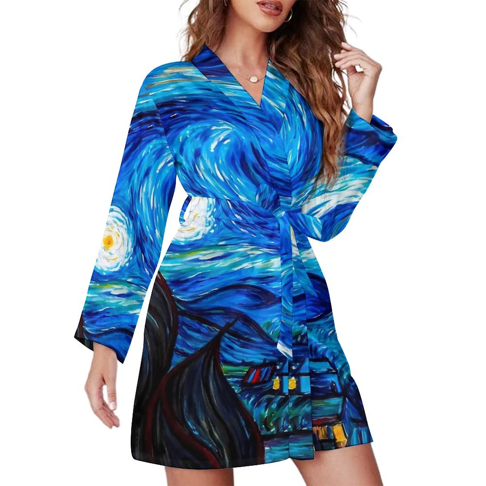 Starry Night Print Pajama Robe Womens Abstract Swirls Casual Loose ...