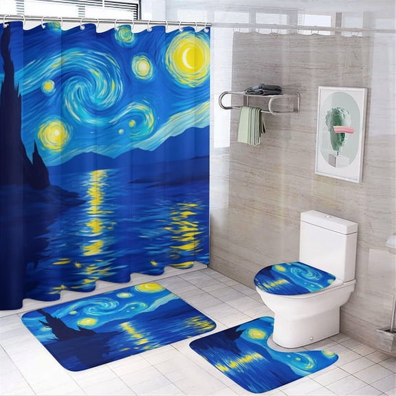 Starry Night Reflection Shower Curtain Waterproof Bathroom Curtain Set 4pcs with Hooks Rugs Mat Bathroom Curtains Home Decor