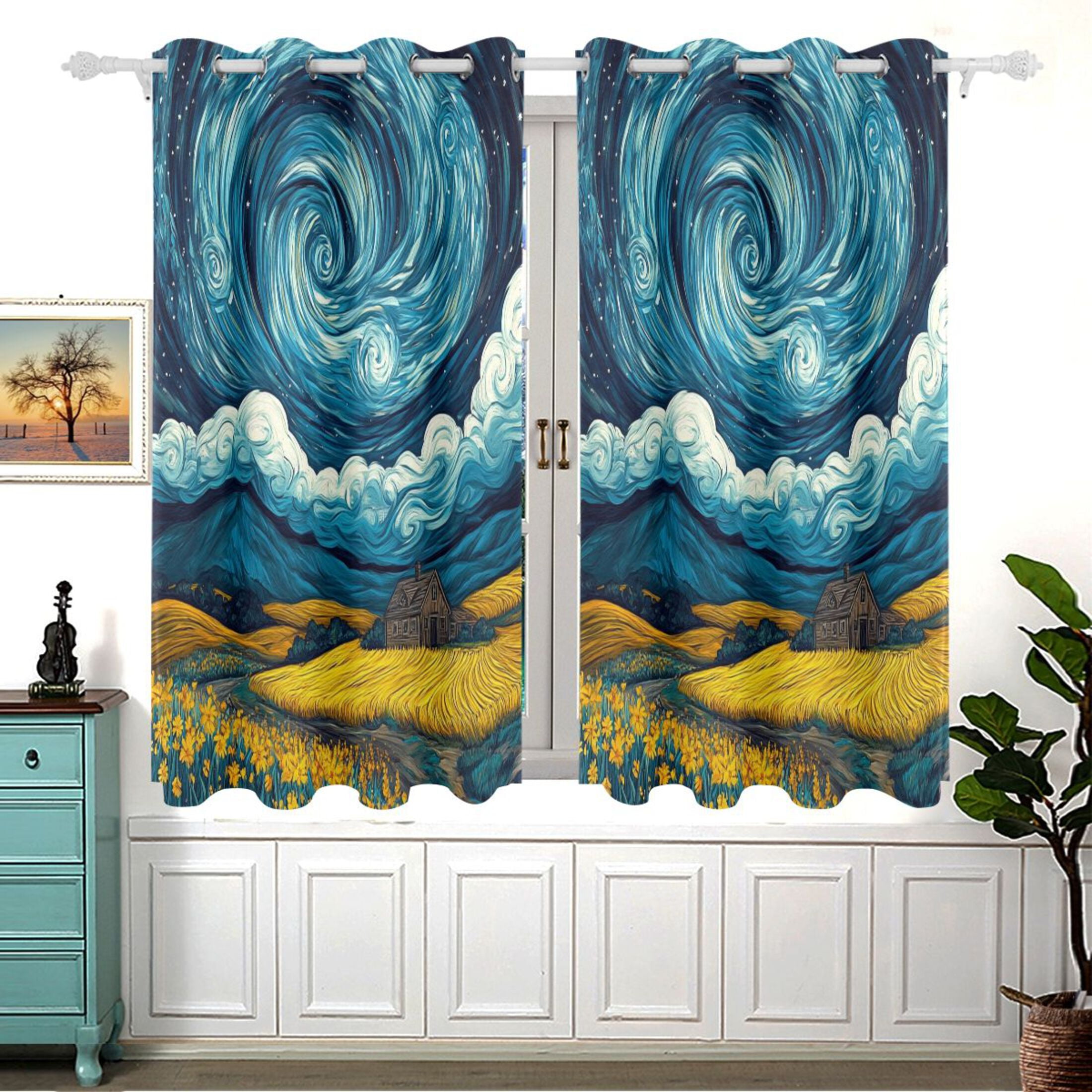 Starry Night Scenery Blackout Curtains for Living Room Bedroom 55W x 54L Insulated Window Drapes 2 Panels