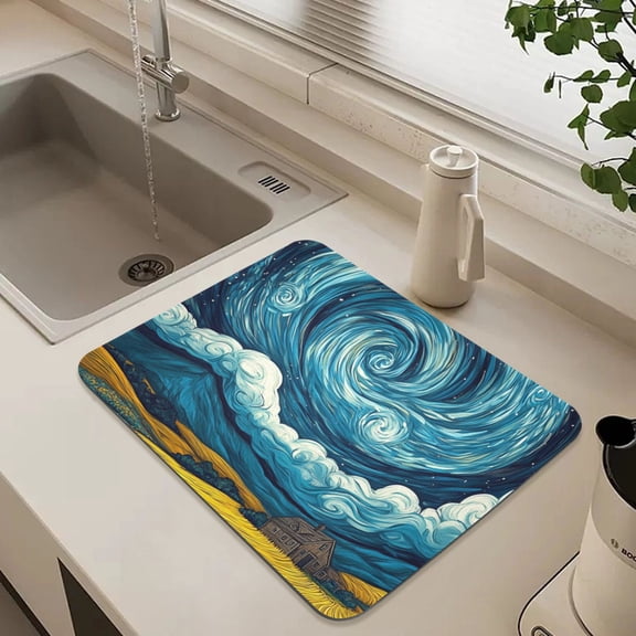 Starry Night Scenery Dish Drying Mat for Kitchen Counter Absorbent Drainer Mats (15.7X11.8Inch)