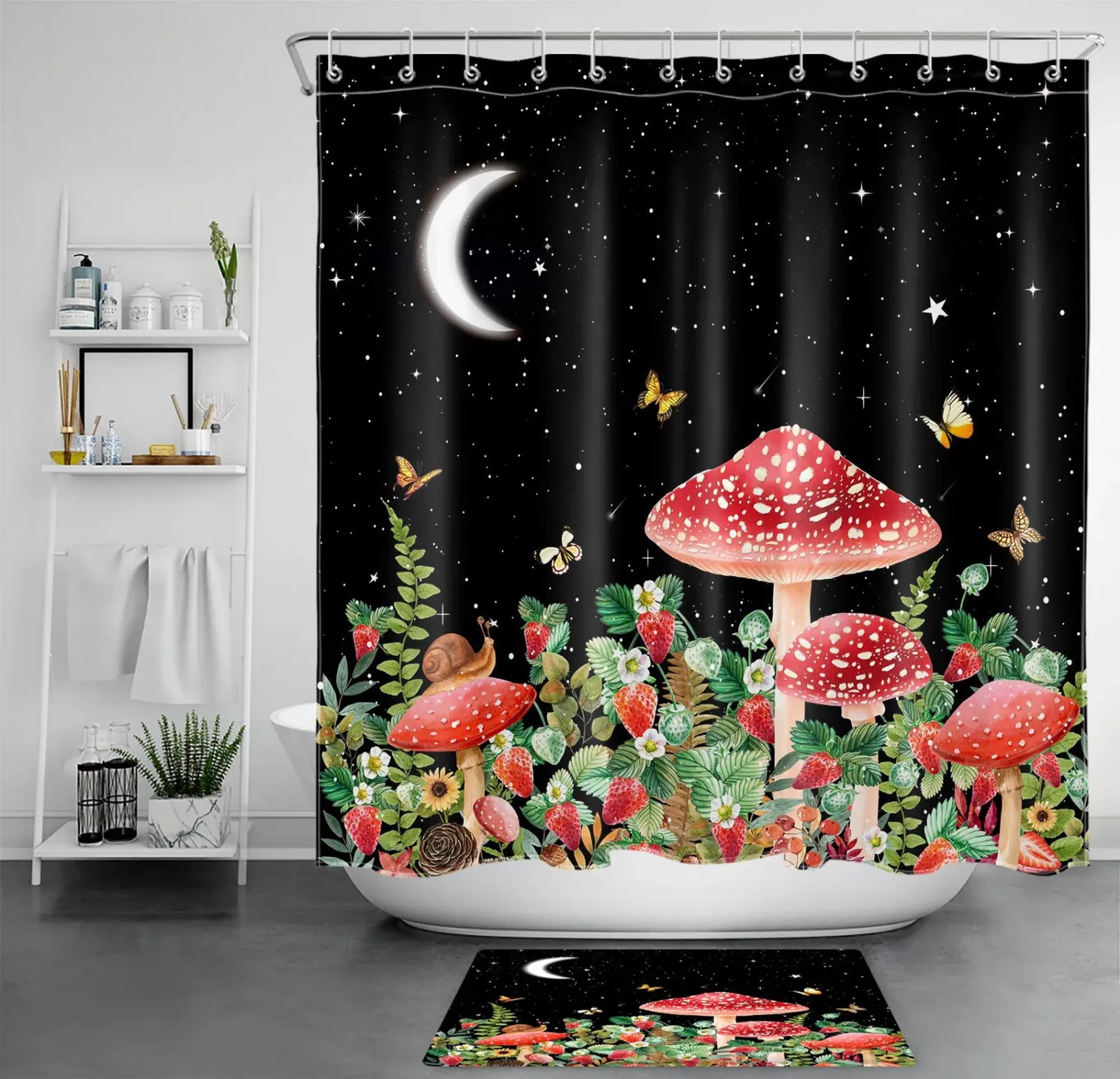 Starry Night Shower Curtain Set Mushroom, Strawberry & Moon Bathroom Decor