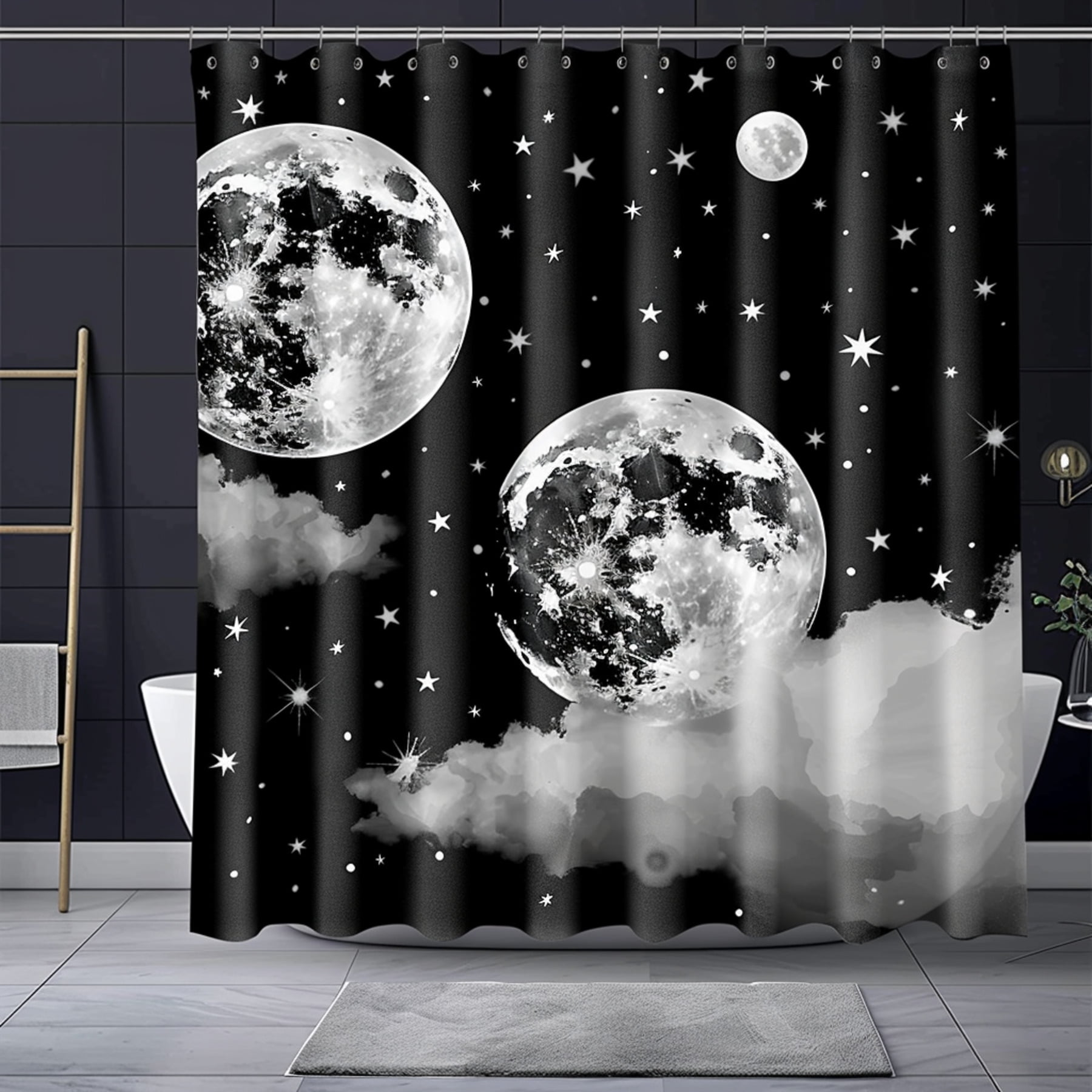 Starry Night Sky Bathroom Curtain with Dual Moons High Res Black and