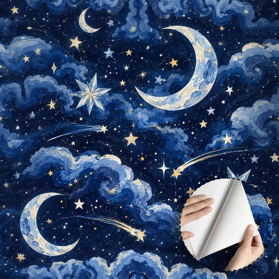 Starry Night Sky Moon Wallpaper Funky Quirky Peel and Stick Wallpaper Contact Paper Waterproof Wall Decor for Bedroom Living Room Dorm Room Drawer Shelf