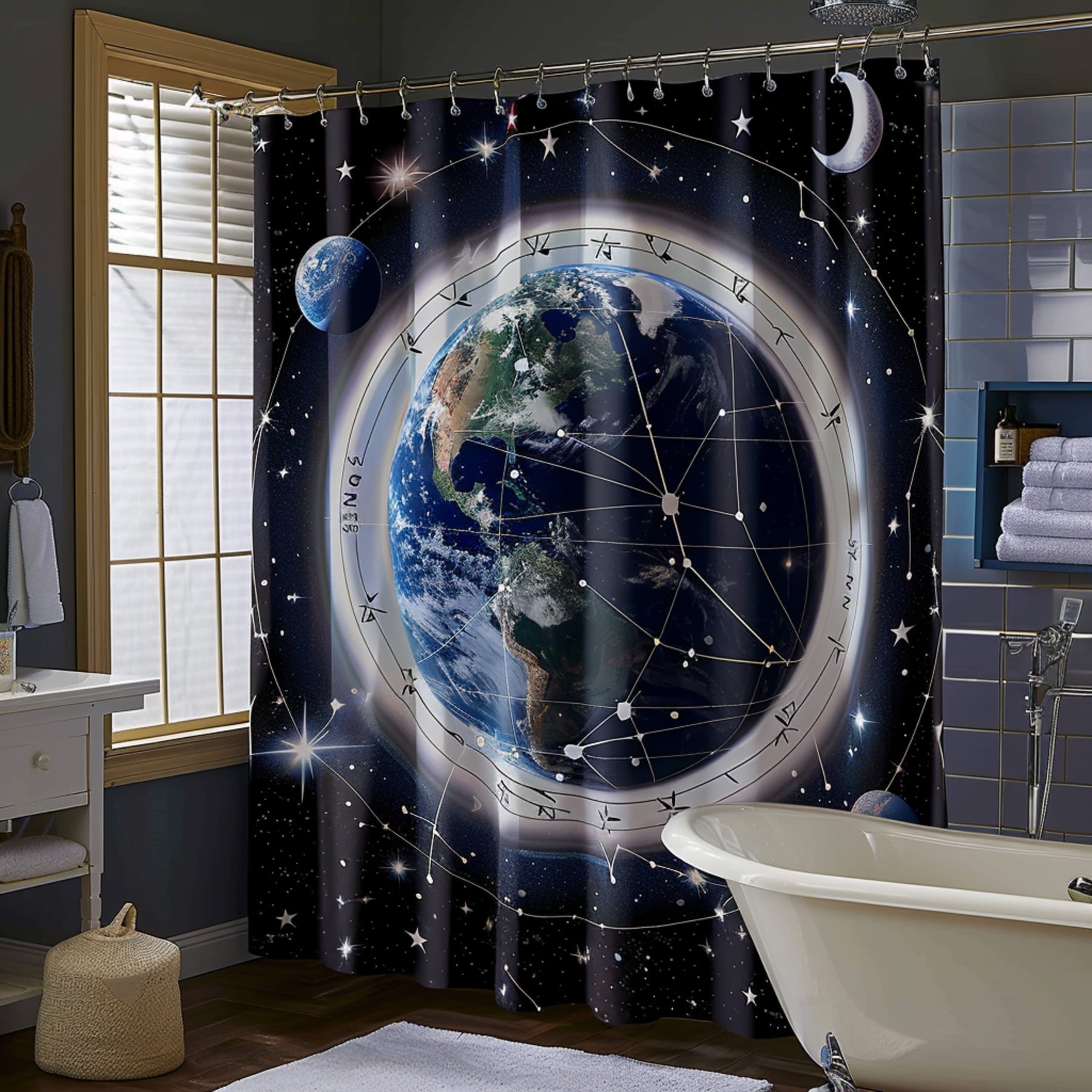 Starry Night Sky Moon and Earth Constellations Leaves Shower Curtain ...