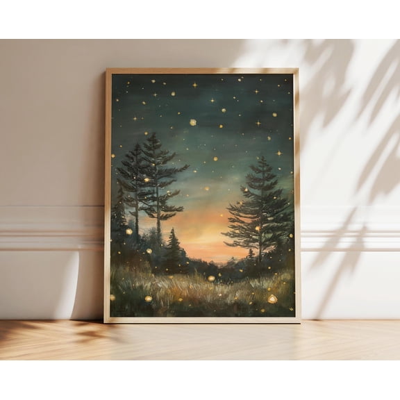 Starry Night Sky Painting Firefly Field Northwoods Camping Art