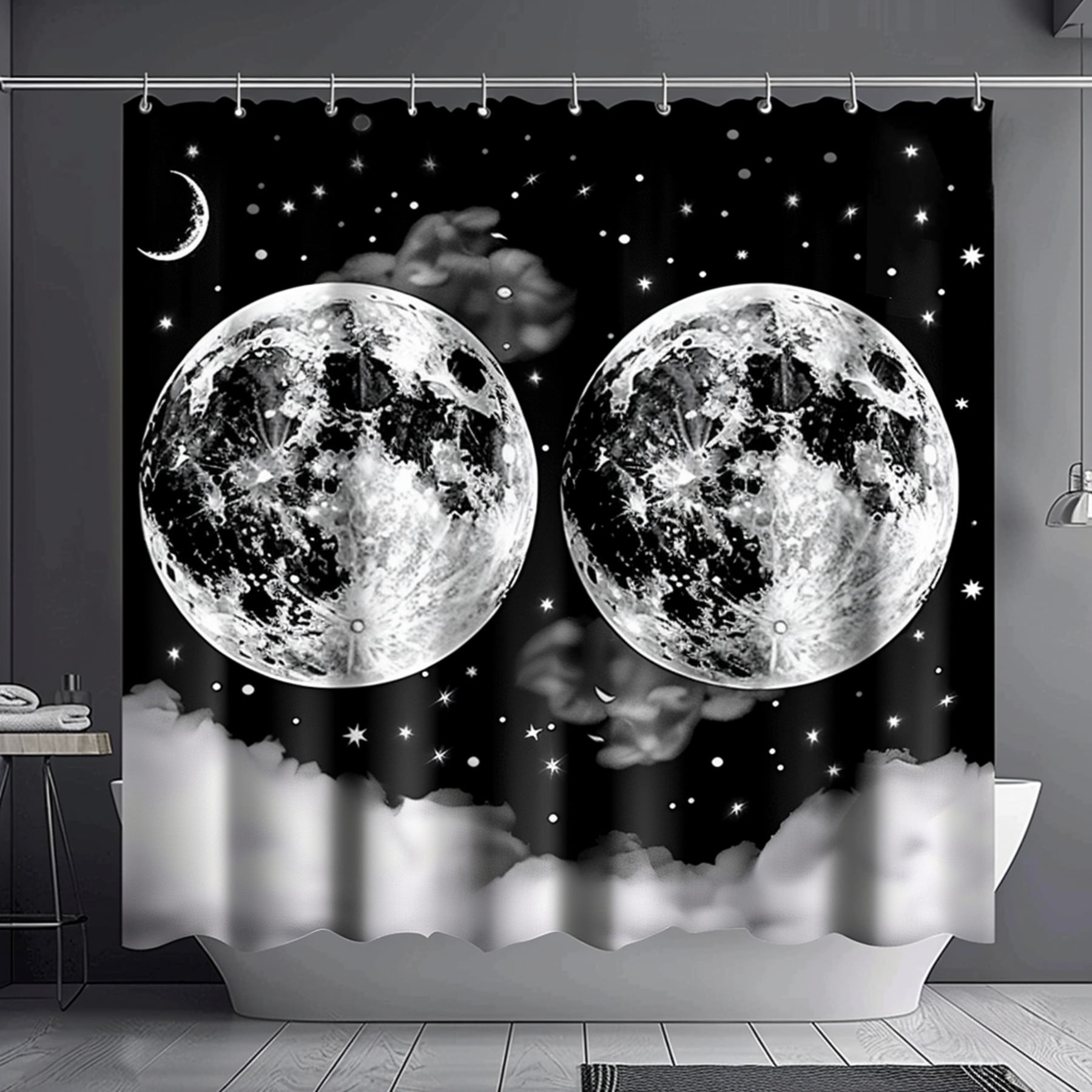 Starry Night Sky Shower Curtain Hyper Realistic Moons & Stars Design