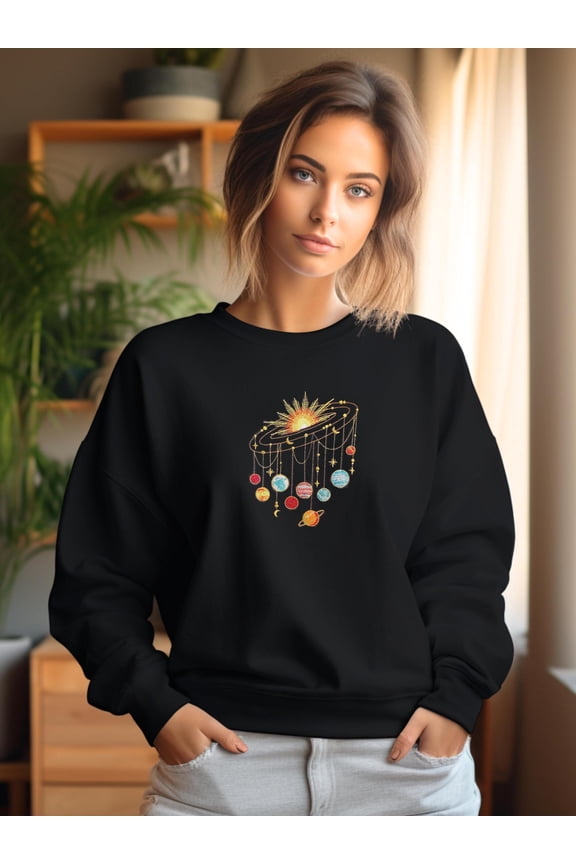 Starry Night Sky Sweatshirt with Embroidered Solar System, Celestial Sweater, Gift For Space and Astronomy Lovers, Cozy Stargazing Top