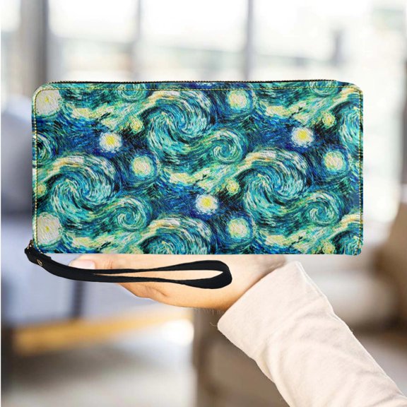 Starry Night Sky Swirly Stars from 's Painting Coin Purse Multi-Card Storage Bag Vintage PU Leather Wrist Strap Clutch