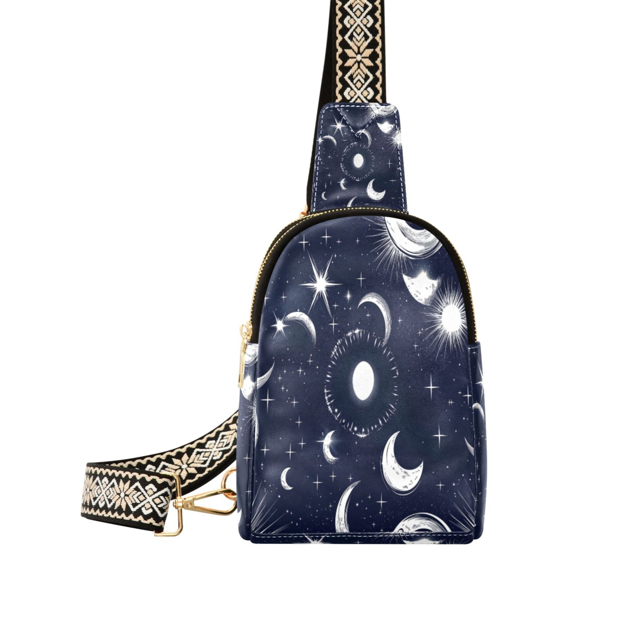 Boho Chic Women's Leather Wallet - Crescent Moon & Stars Pattern, Trifold With Card Slots - View #12