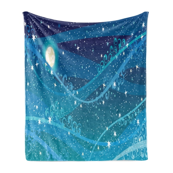 Starry Night Soft Flannel Fleece Blanket, Night Sky with Full Moon Astronomy Theme Dots Stripes Swirls Pattern, Cozy Plush for Indoor and Outdoor Use, 60" x 80", Blue Navy Blue White, by Ambesonne