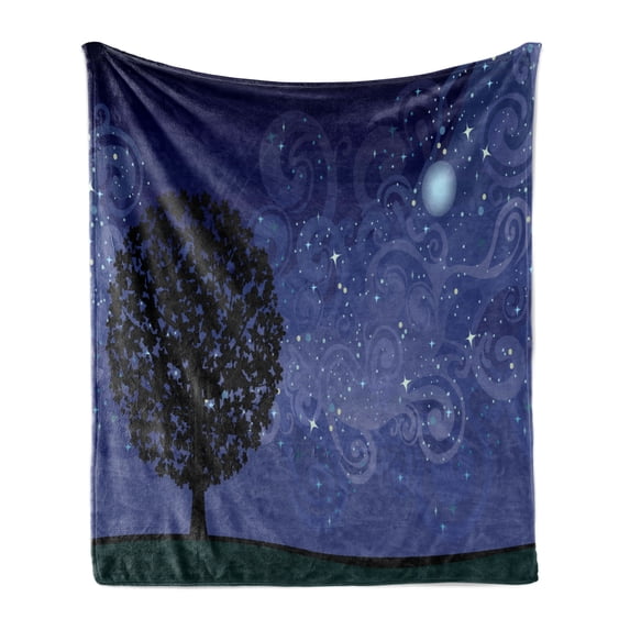 Starry Night Soft Flannel Fleece Throw Blanket, Tree on a Hill with Star Filled Sky and Moon Milky Way Galaxy, Cozy Plush for Indoor and Outdoor Use, 50" x 60", Charcoal Grey Indigo, by Ambesonne