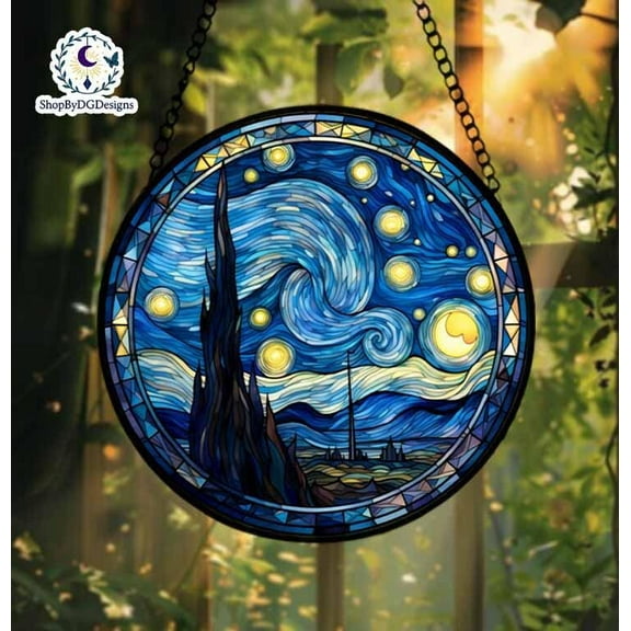 Starry Night Stained Glass Suncatcher, Van Gogh Acrylic Suncatcher, Star Window Art, Gift for Art Lovers, Swirling Blue Boho Decor 4296989805