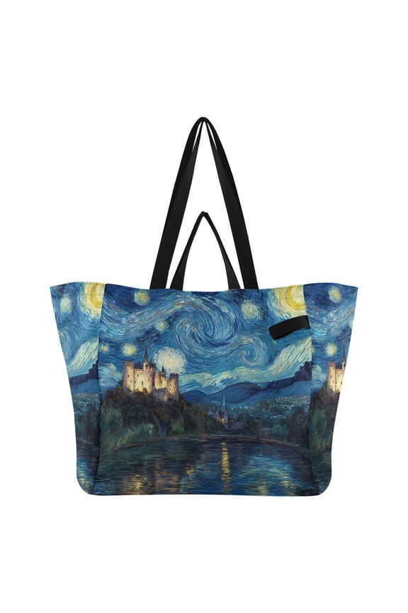 Starry Night Style Castle Canvas Tote Bag Large Capacity Reusable Tote with Double Handles, Foldable Heavy Duty Shopping Beach Laundry Bag, 32L