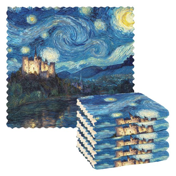 Starry Night Style Castle Kitchen Dish Cloths 6 Pack Super Absorbent and Streak-Free for Dishes, Car & Home 1111in