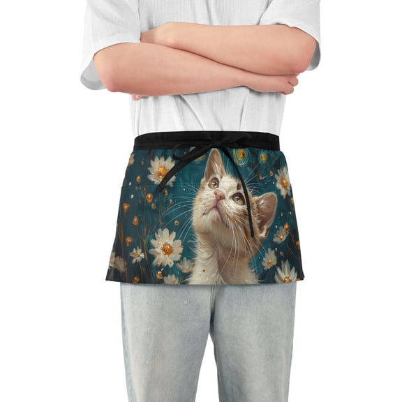 Starry Night Style Cat and Daisies Short Server Apron with 3 Pockets for Unisex Chef Gardening