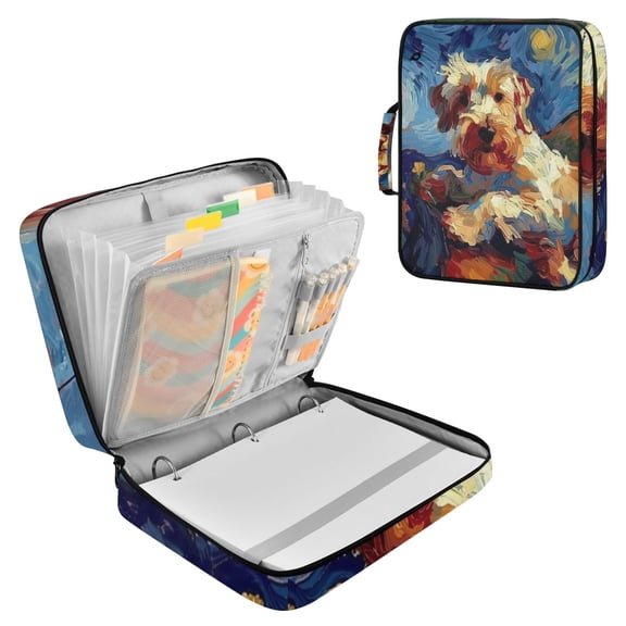 Starry Night Style Dog Oil Painting Accordion File Organizer Expanding File Folder 3-Ring Binder Bag 500 Sheets A4 Size