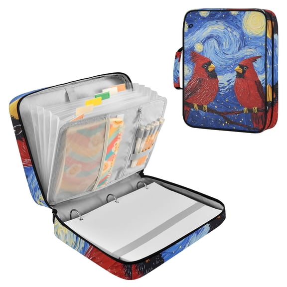 Starry Night Style Red Birds Accordion File Organizer Expanding File Folder 3-Ring Binder Bag 500 Sheets A4 Size