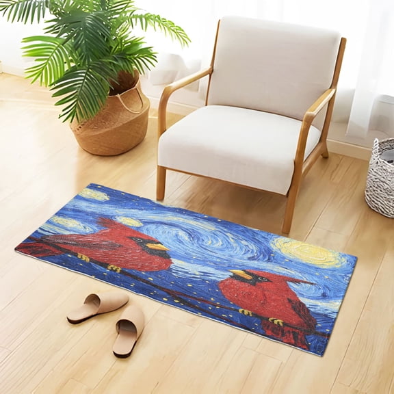 Starry Night Style Red Birds Plush Carpet Non Slip Runner Rug Absorbent Bath Mat 39" x 20"