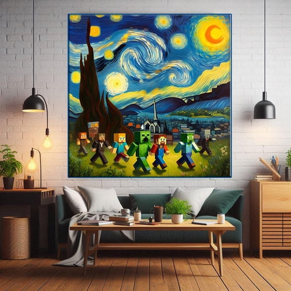 Starry Night Style Wall Art Poster – Block Character Adventure Scene Inspired by Minecraft Fantasy Landscape 8x12 UNFRAMDE