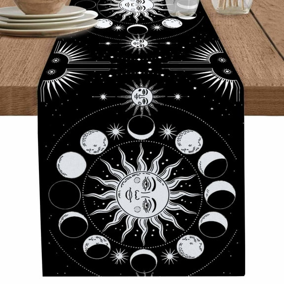 Starry Night Sun and Moon Phases Table Runner-70 Inch Long Mysterious Black Star Table Runners Linen Burlap Tablerunner for Kitchen Dining Room Holiday Party