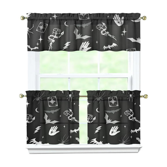 Starry Night Tier Curtains Set - 3 PC Gothic Celestial & Eclipse Design, Farmhouse Rod Pocket Kitchen Window Panels with Valance (54x18 + 27.5x24 Inch, Machine Washable)