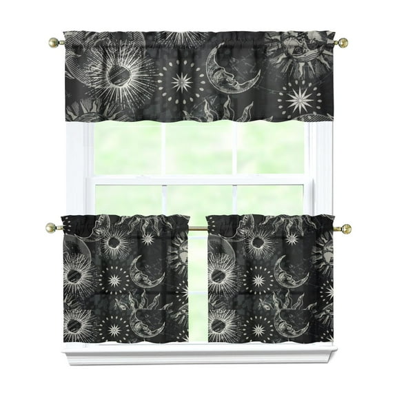 Starry Night Tier Curtains Set - 3 PC Gothic Celestial & Eclipse Design, Farmhouse Rod Pocket Kitchen Window Panels with Valance (54x18 + 27.5x24 Inch, Machine Washable)
