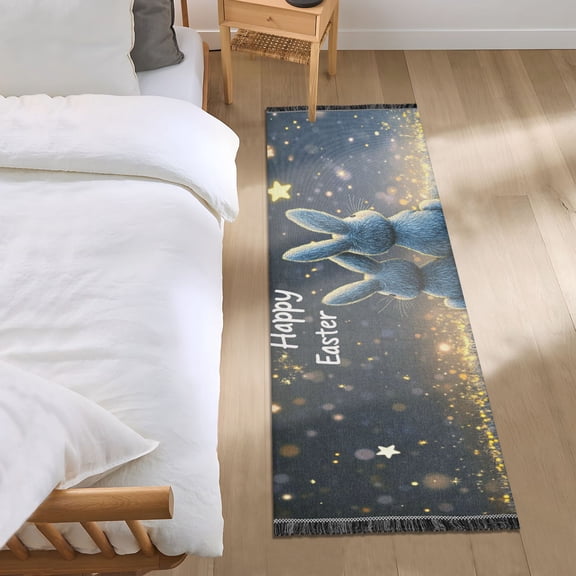 Starry Night Two Bunnies Happy Easter Bedside Runner Rug 2'x 6' Non Slip Carpet Floor Mat Area Rug