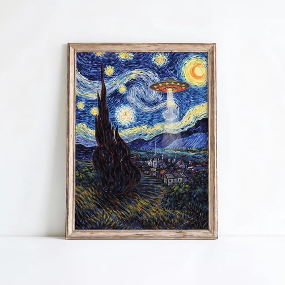 Starry Night UFO Wall Art Print | Alien Spaceship Painting | Van Gogh Inspired Night Sky Poster | Sci Fi Art | Space Decor Size 24x36 Unframed Poster