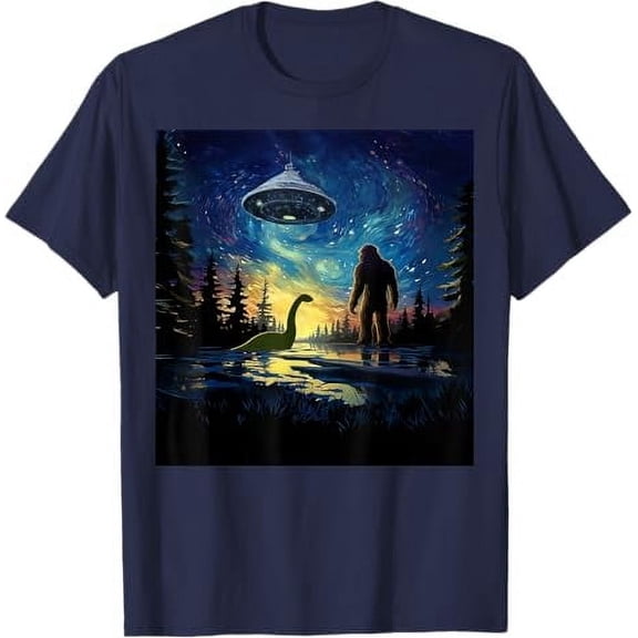Starry Night Ufo Alien Landing Nessie Art Moon T-Shirt