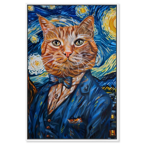 Starry Night Van Gogh Cat Canvas Quirky Cat Art Prints By Notoriart, White Frame, 16" x 24"