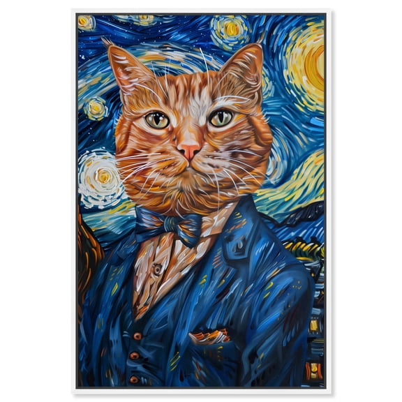 Starry Night Van Gogh Cat Canvas Quirky Cat Art Prints By Notoriart, White Frame, 36" x 54"