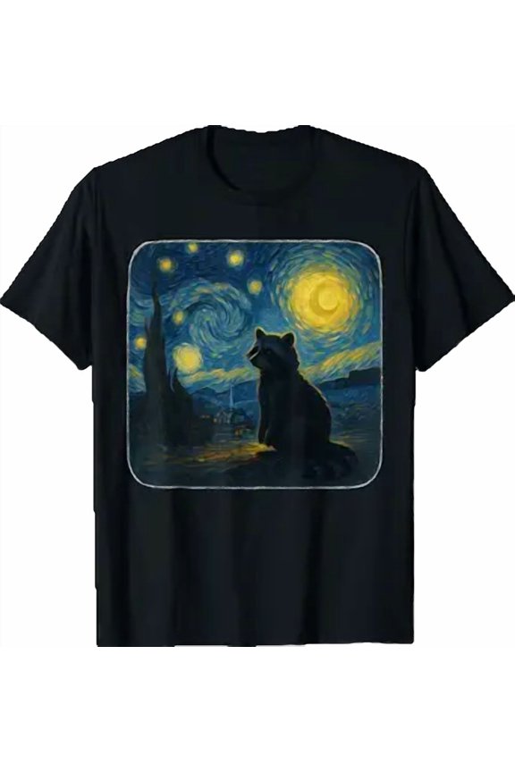 Starry Night Van Gogh Retro Raccoon Funny Graphic T-Shirt