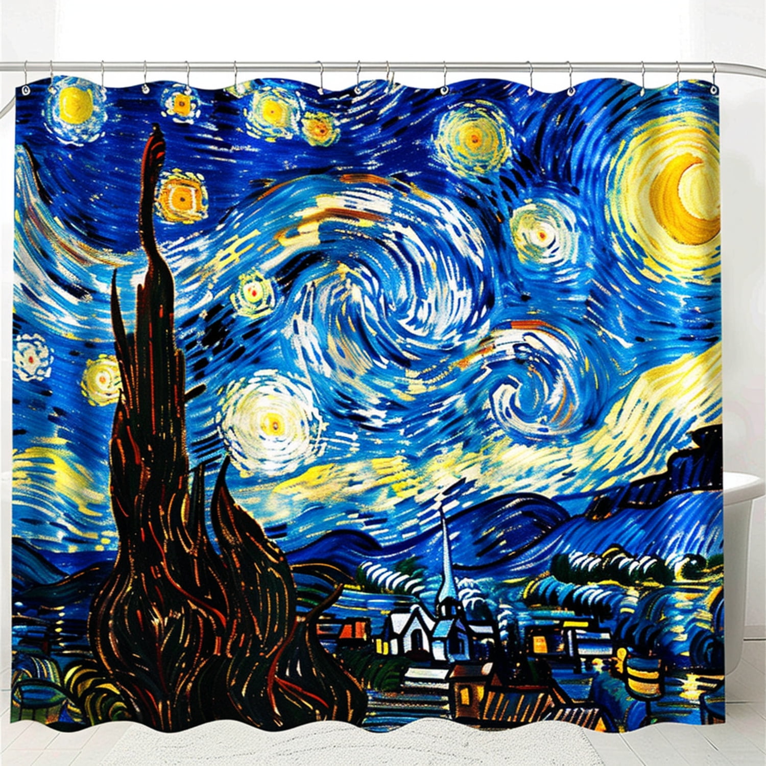 Starry Night Van Gogh Style Shower Curtain White Background 3D Render