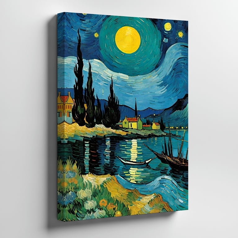 Starry Night Village Landscape Blue Yellow Impressionist Home Wall Art ...