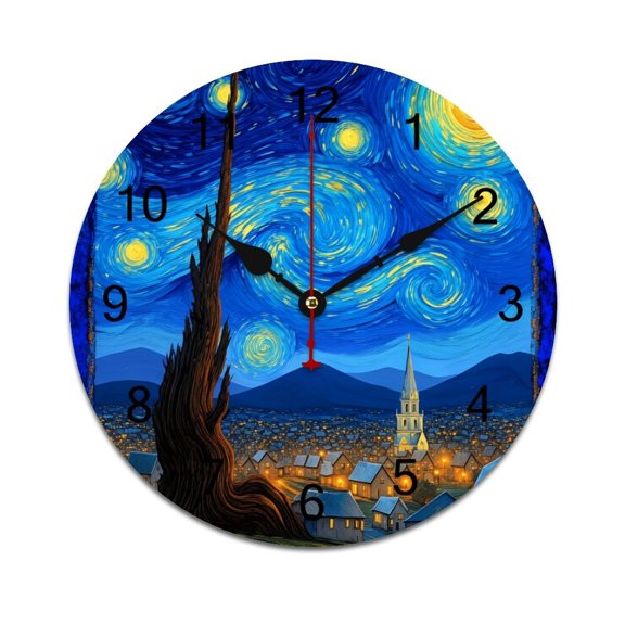 Starry Night Village Scene-2 Printed Silent Wall Clock Round Kitchen Clock Chic Quiet Desk Clock For Living Room 10in