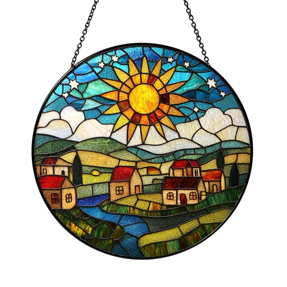 Starry Night Village Stained Glass Style Window Panel, Radiant Sun Scenic Home Decor