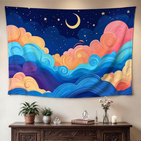 Starry Night Wall Tapestry, Whimsical Color Swirl Cloud Crescent Moon Star Print Tapestry, Aesthetic Celestial Home Wall Decoration
