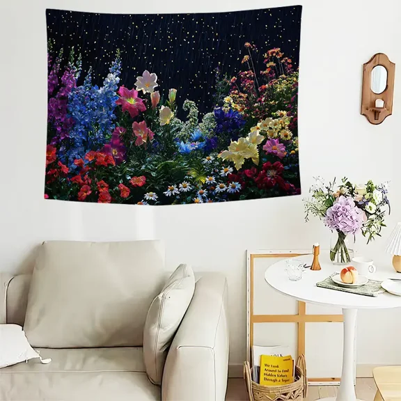 Starry Night Wildflower Tapestry - Vibrant Floral Field Wall Hanging, Boho Romantic Decor for Bedroom, Living Room, Meditation Corner - 37x29 Inches