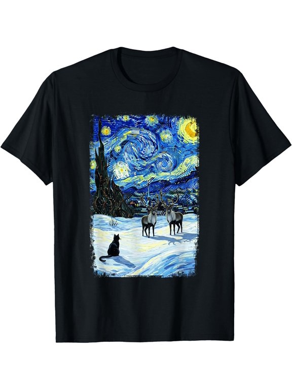 Starry Night Winter Christmas Reindeer Cat T-Shirt