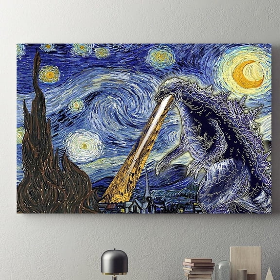 Starry Night With Godzilla Poster Godzilla Poster Godzilla Poster Starry Night Poster Van Gogh Wall Decor POSTER