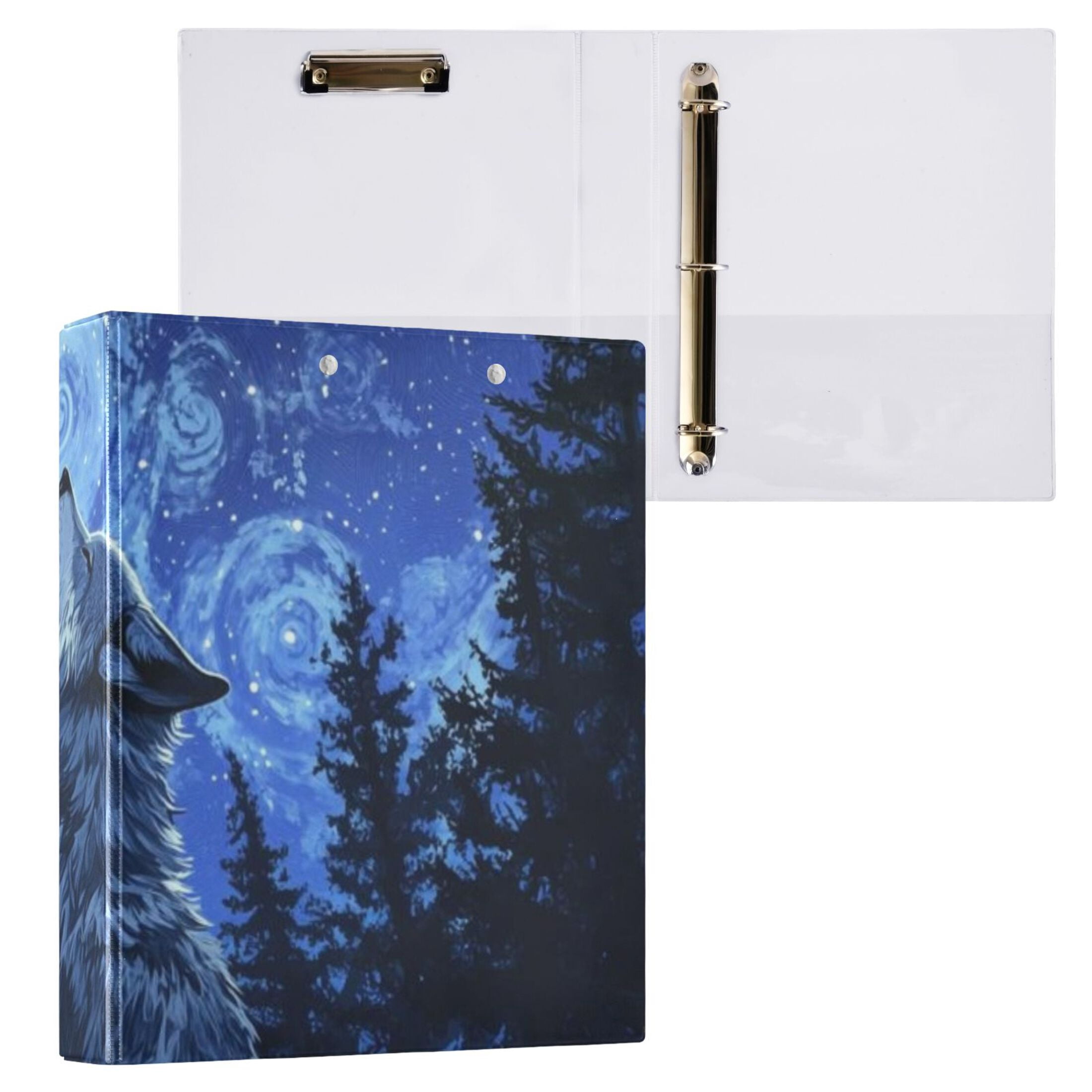 Starry Night Wolf 3 Ring Binders 1.5 inch Hardcover File Folders with Interior Pockets A4 Size Organizer for School Office Hospital