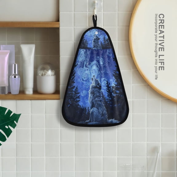 Starry Night Wolf Hanging Kitchen Towel Machine Washable Hand Towel Bathroom Absorbent Towel Quick Dry Dishcloth
